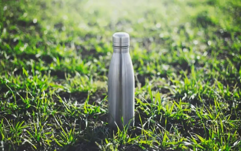Best reusable water bottle for music festivals - a silver insulated water bottle standing upright on lush green grass