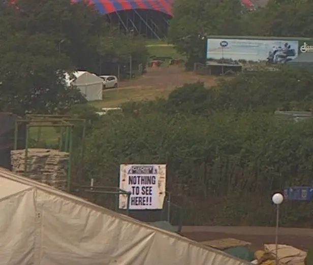 Glastonbury Festival Webcam image of a Glastonbury Free Press poster saying "Nothing to see here"